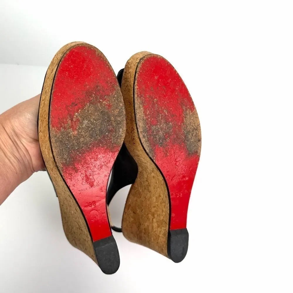 Christian Louboutin Cork Wedges Sandals Black Leather Peep Toe Slingback US 8
